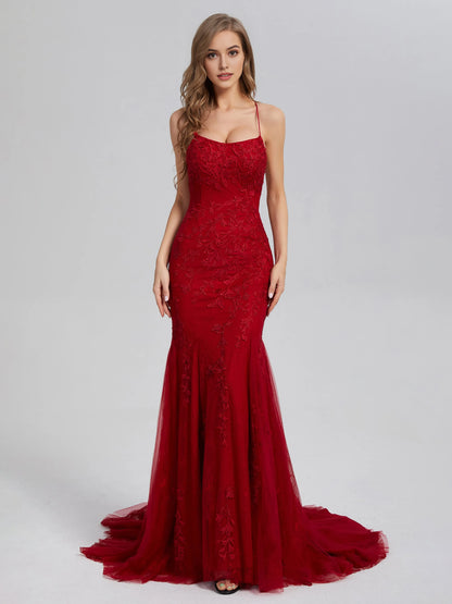 Burgundy Lace Mermaid Appliques Lace Prom Dress with Spaghetti Straps and Tulle Train