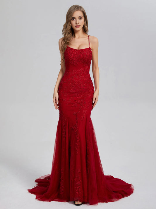 Burgundy Lace Mermaid Appliques Lace Prom Dress with Spaghetti Straps and Tulle Train