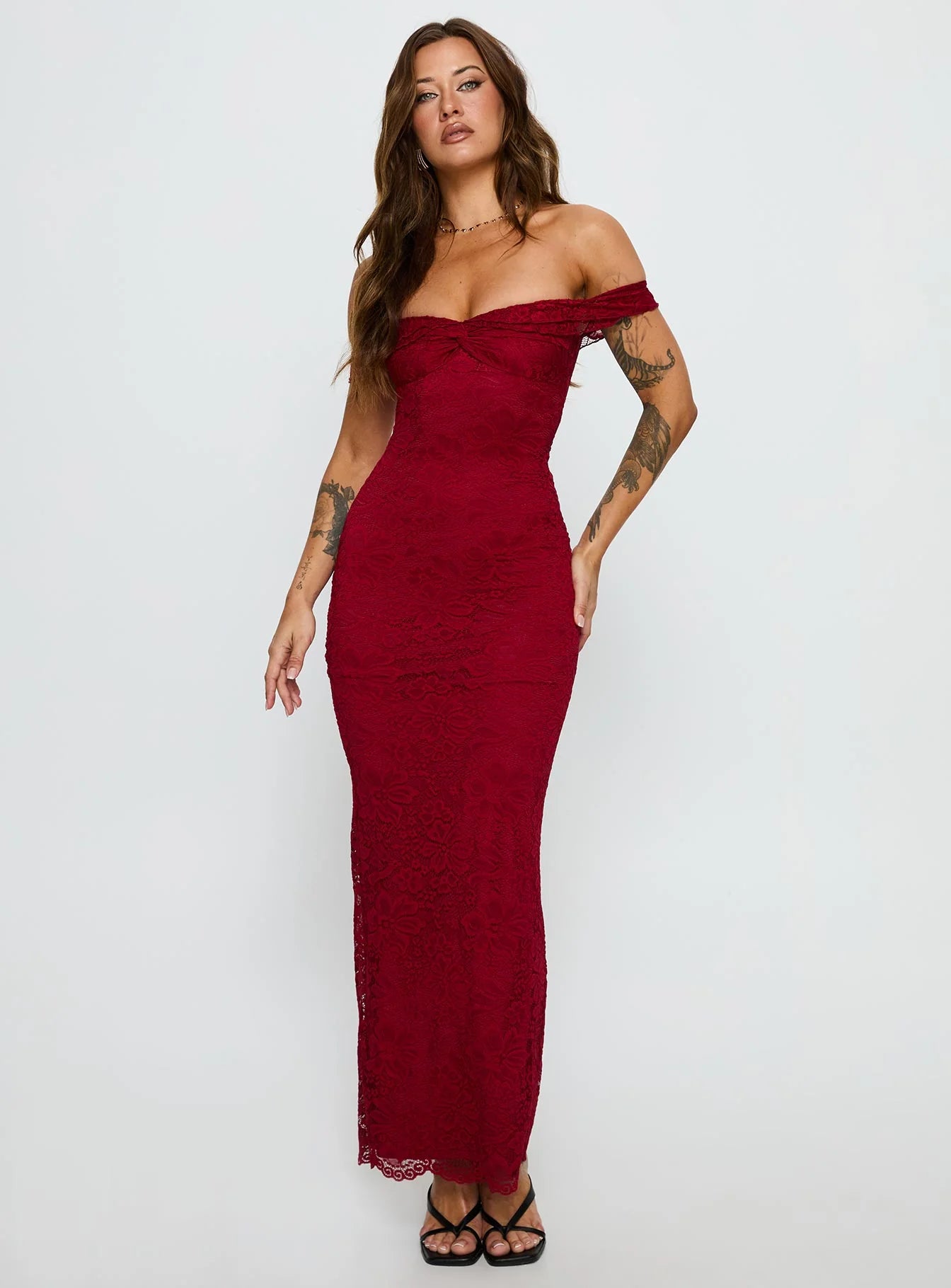 Burgundy Lace Off-the-Shoulder Bodycon Maxi Evening Dresses