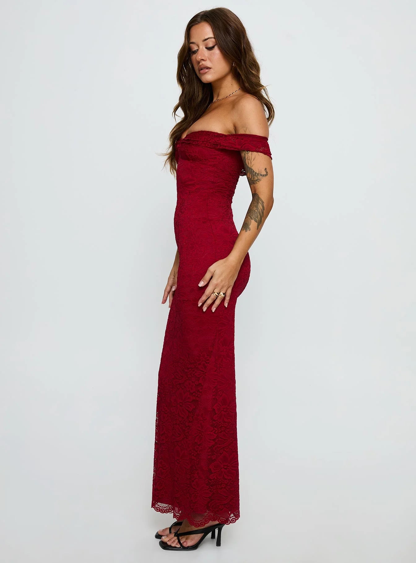 Burgundy Lace Off-the-Shoulder Bodycon Maxi Evening Dresses