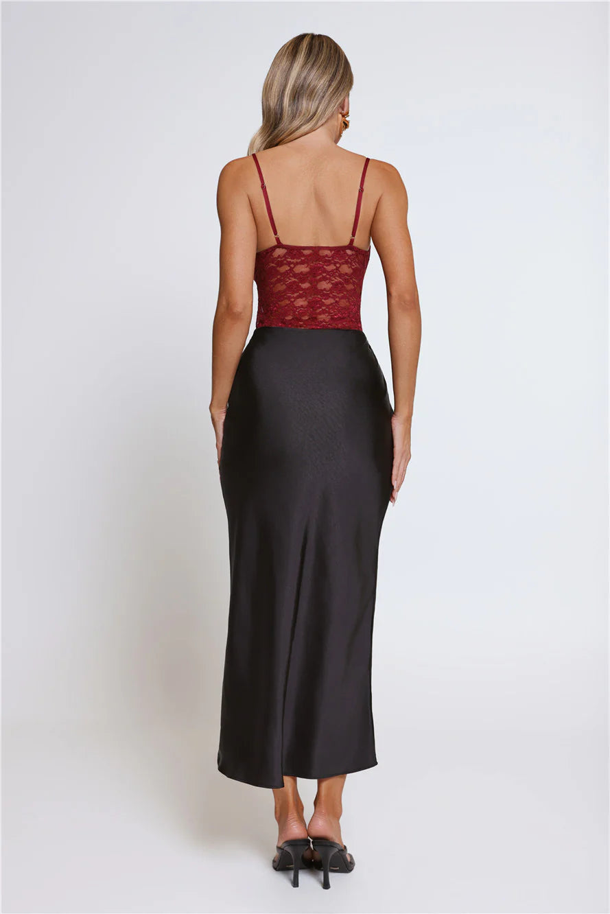 Burgundy Lace Satin Midi Evening Dresses
