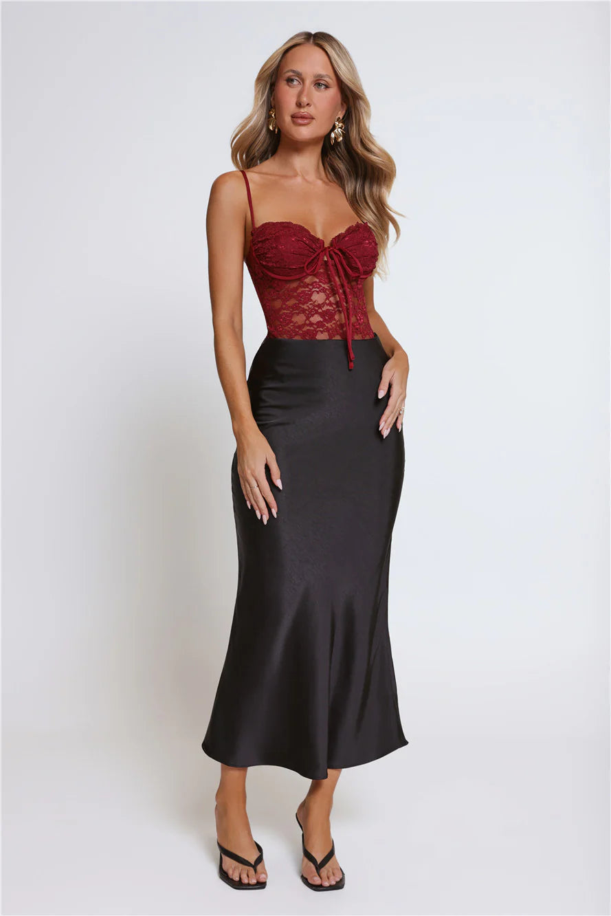 Burgundy Lace Satin Midi Evening Dresses
