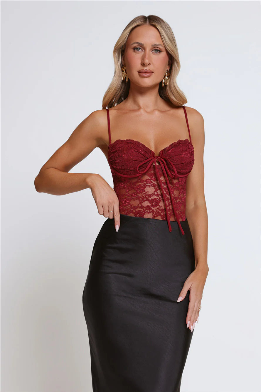 Burgundy Lace Satin Midi Evening Dresses