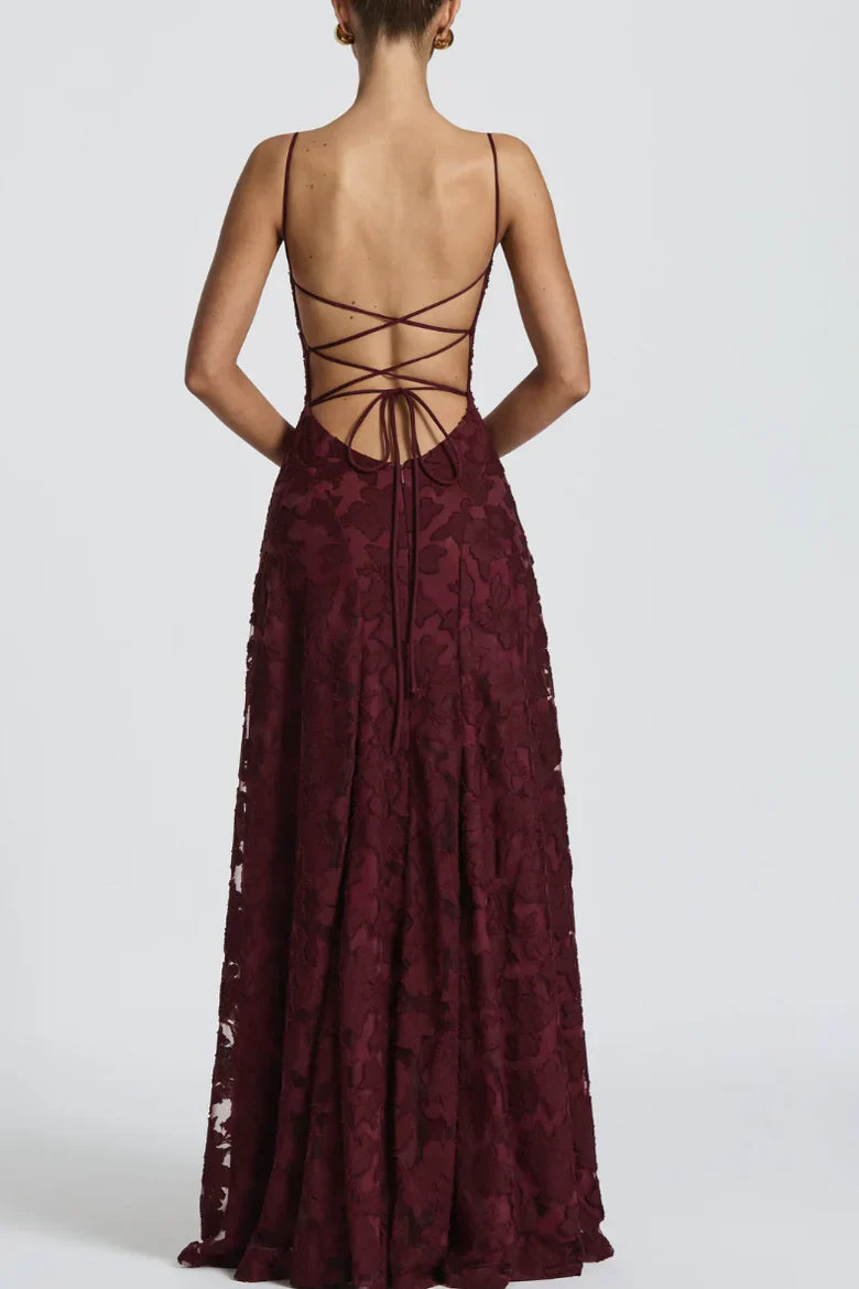 Burgundy Lace Spaghetti Strap Lace Up Back Floral Prom Dress For Evening