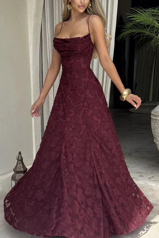 Burgundy Lace Spaghetti Strap Lace Up Back Floral Prom Dress For Evening