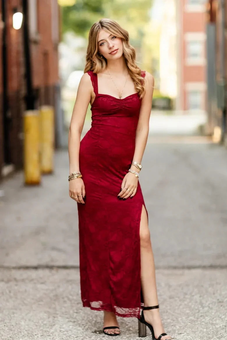Burgundy Lace Sweetheart Neck Maxi Prom Dress with Side Slit and Open Back