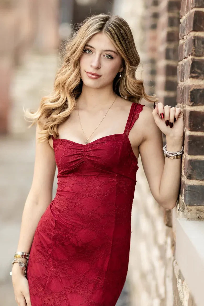 Burgundy Lace Sweetheart Neck Maxi Prom Dress with Side Slit and Open Back