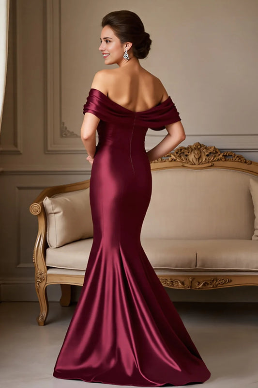 Burgundy Mermaid Satin Off The Shoulder Mother Of The Bride Dress