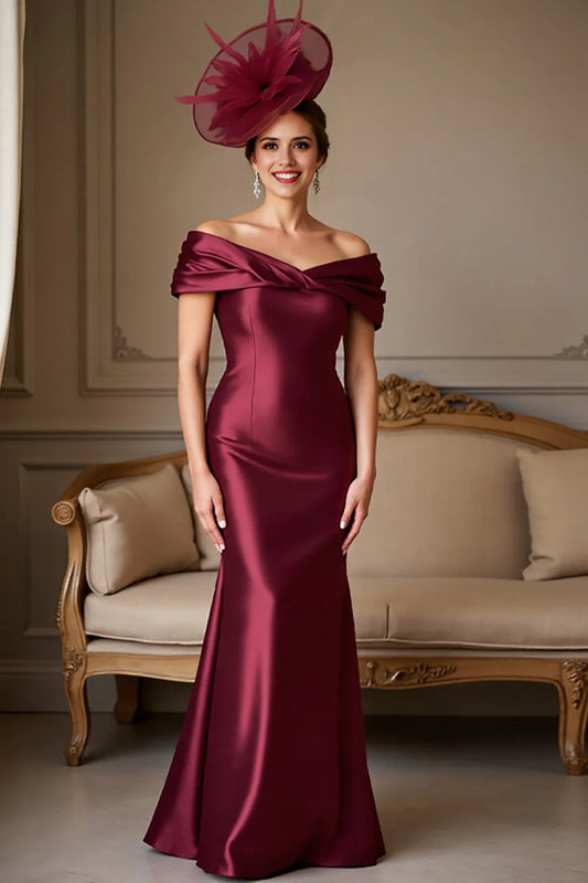 Burgundy Mermaid Satin Off The Shoulder Mother Of The Bride Dress