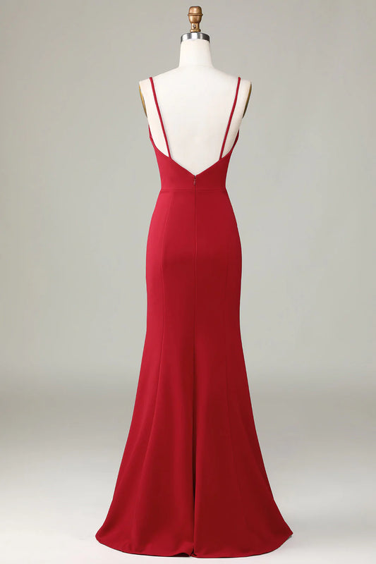 Burgundy Mermaid Spaghetti Straps Sleeveless Bridesmaid Dress with Slit