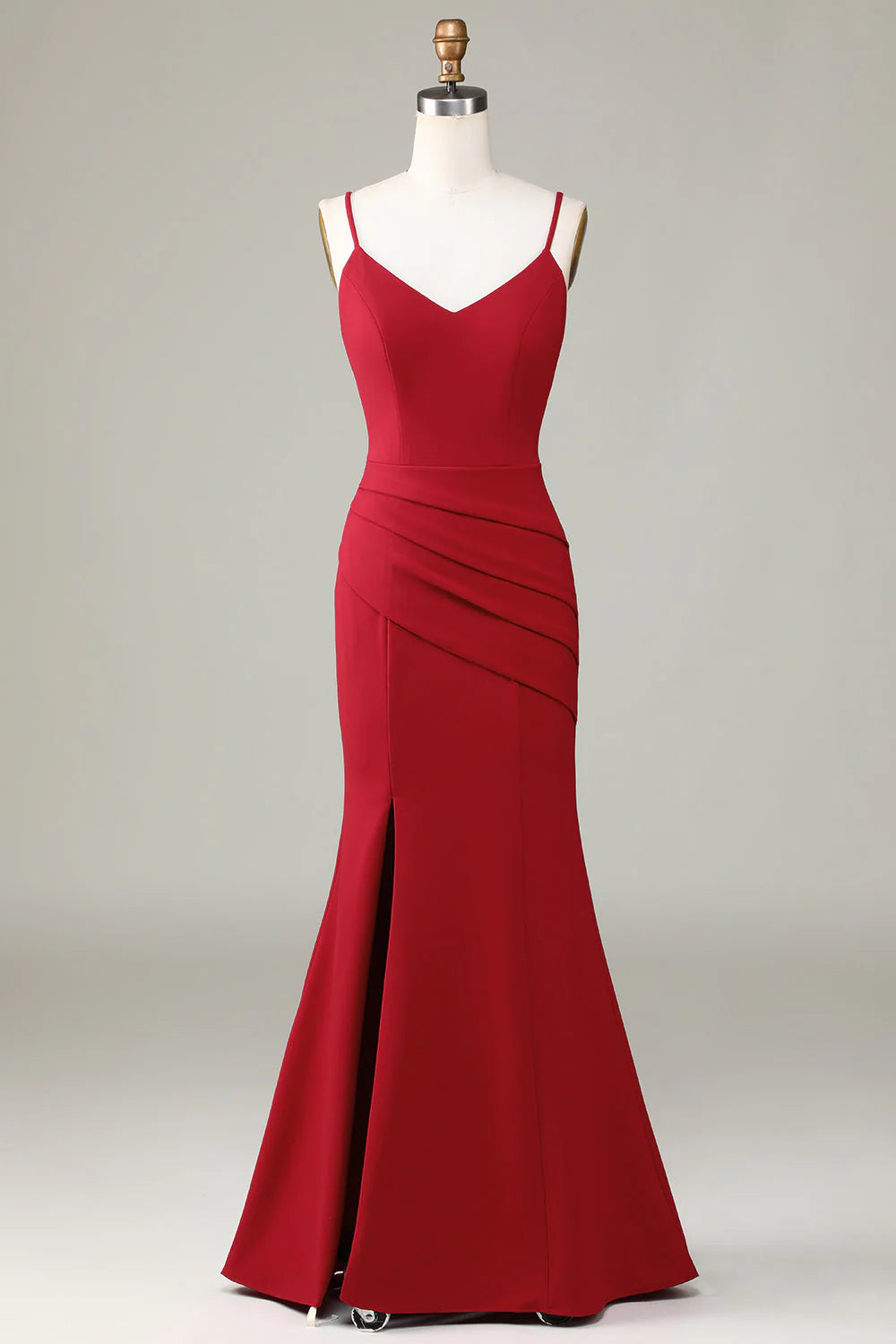 Burgundy Mermaid Spaghetti Straps Sleeveless Bridesmaid Dress with Slit