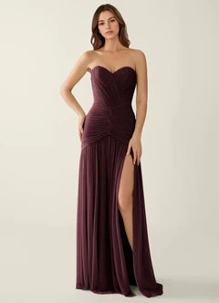 Burgundy Mesh Ruched Strapless Mermaid Evening Dresses