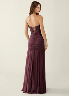 Burgundy Mesh Ruched Strapless Mermaid Evening Dresses