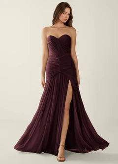 Burgundy Mesh Ruched Strapless Mermaid Evening Dresses