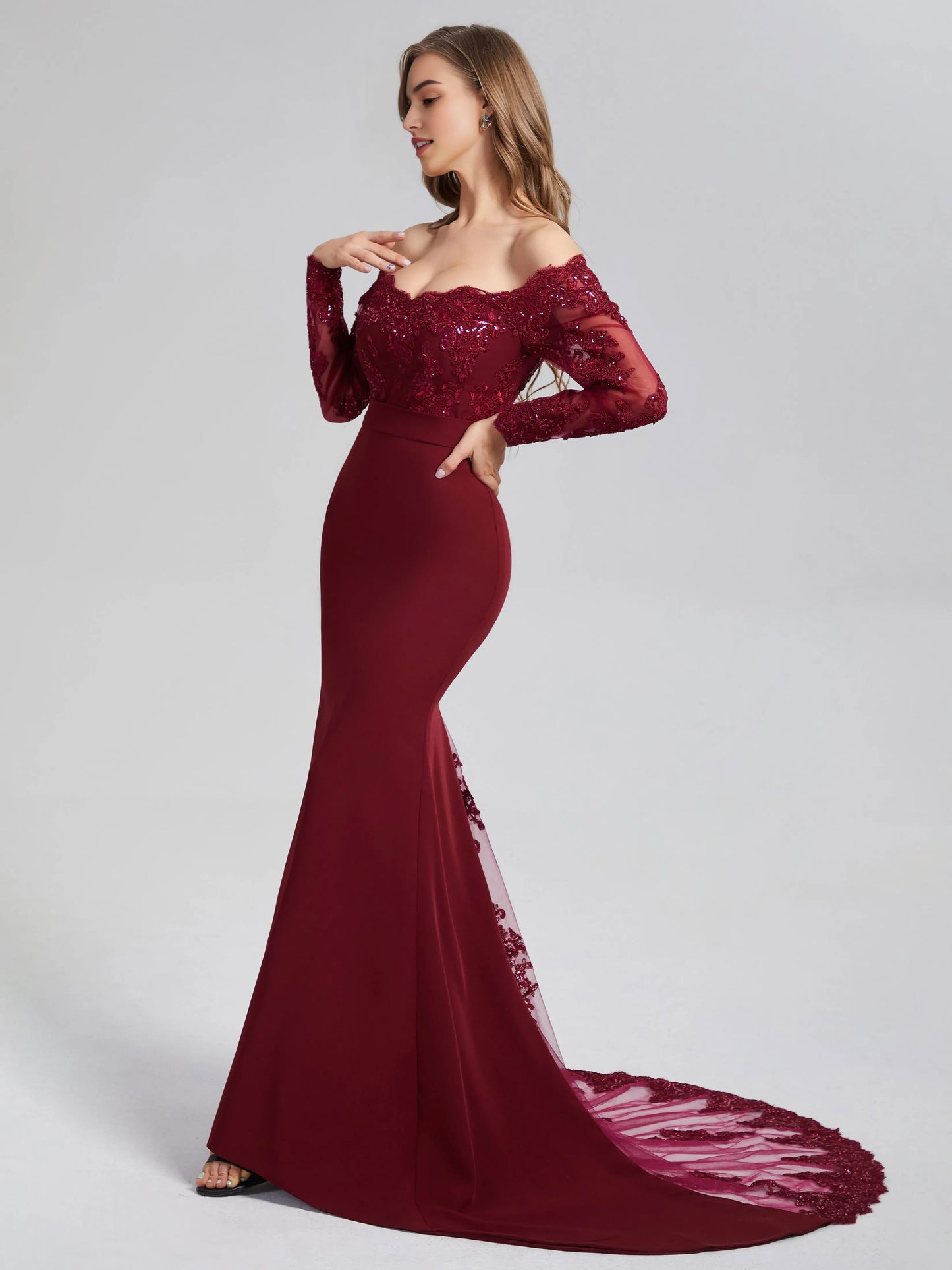 Burgundy Off - Shoulder Mermaid Button Long Sleeve Prom Dress with Trailing Lace Long Sleeves and Train