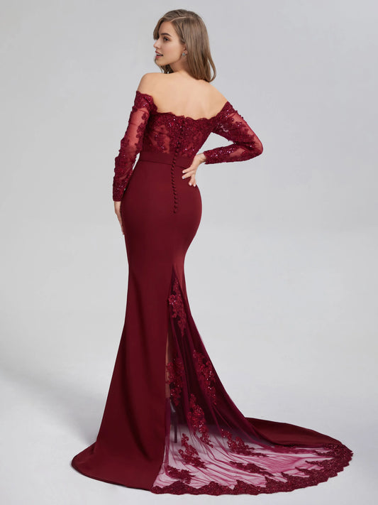 Burgundy Off - Shoulder Mermaid Button Long Sleeve Prom Dress with Trailing Lace Long Sleeves and Train