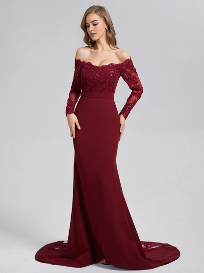 Burgundy Off - Shoulder Mermaid Button Long Sleeve Prom Dress with Trailing Lace Long Sleeves and Train