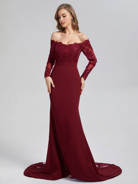 Burgundy Off - Shoulder Mermaid Button Long Sleeve Prom Dress with Trailing Lace Long Sleeves and Train