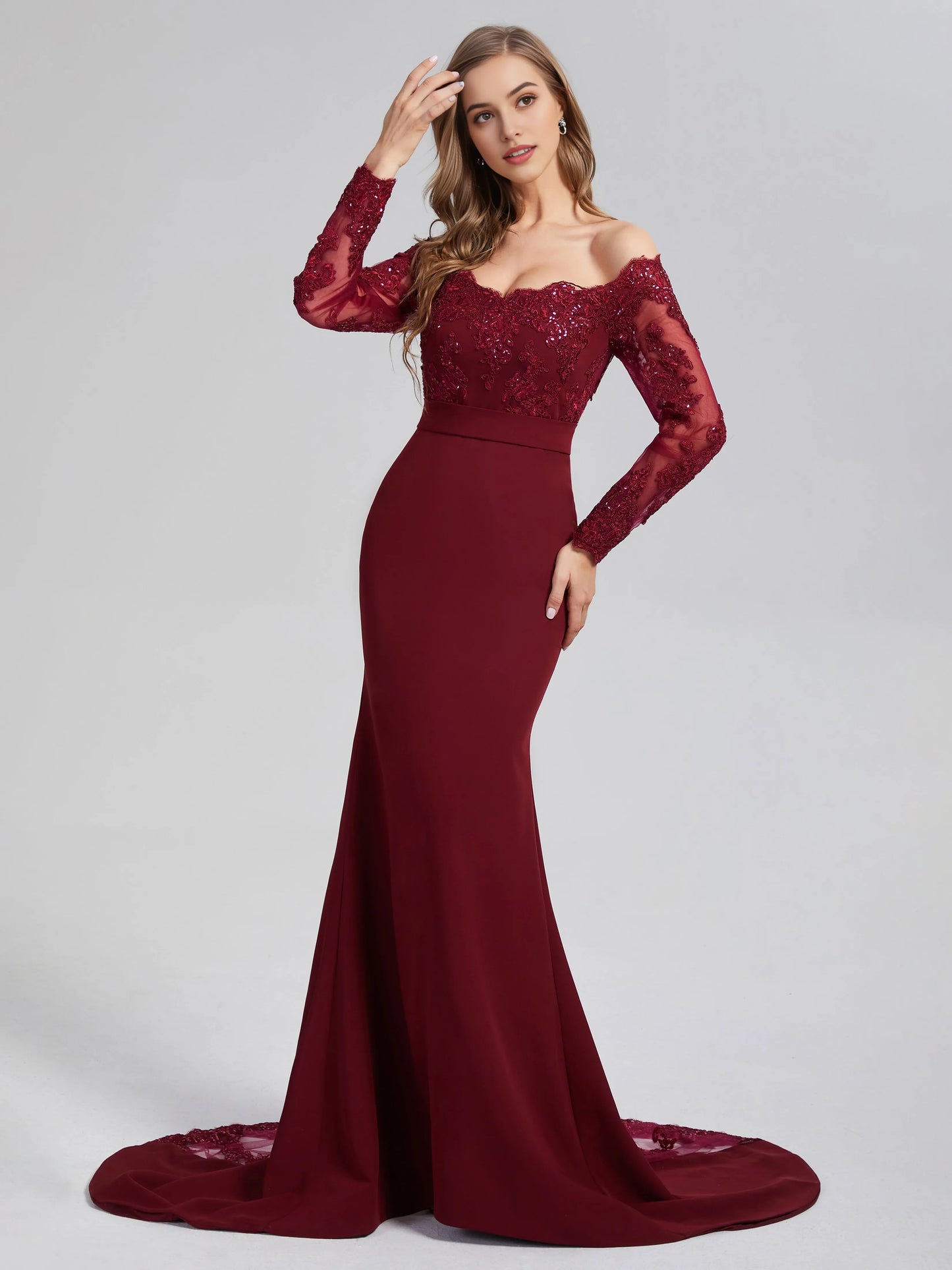 Burgundy Off - Shoulder Mermaid Button Long Sleeve Prom Dress with Trailing Lace Long Sleeves and Train
