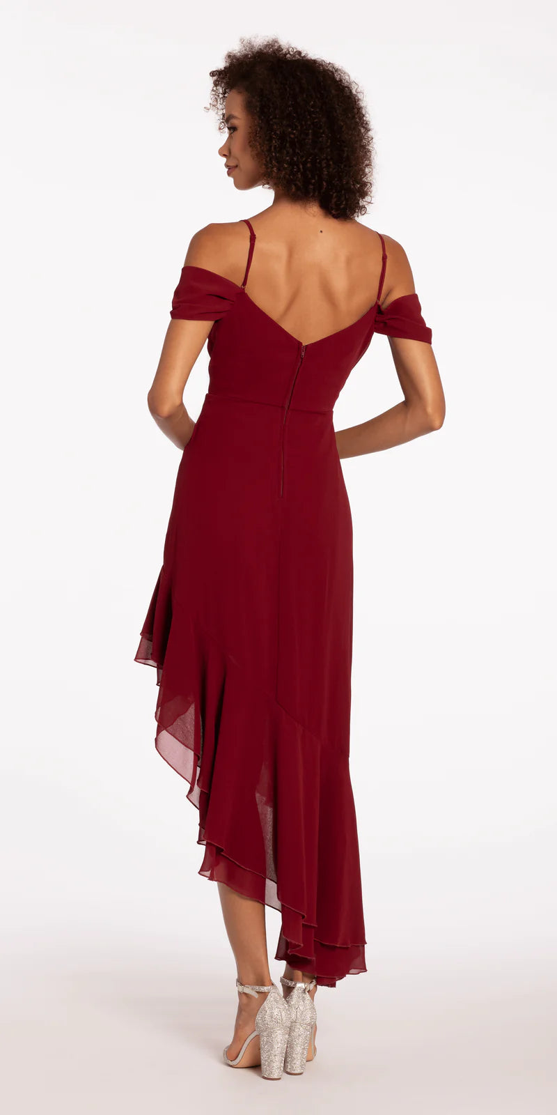 Burgundy Off-the-Shoulder Asymmetrical Ruffle High-Low Evening Dresses