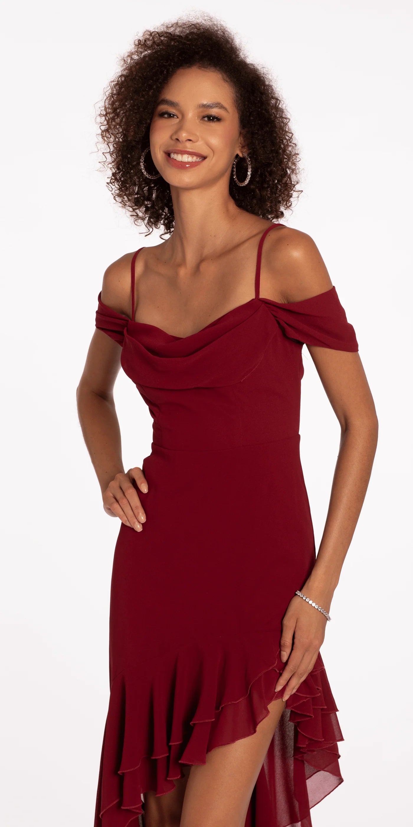 Burgundy Off-the-Shoulder Asymmetrical Ruffle High-Low Evening Dresses