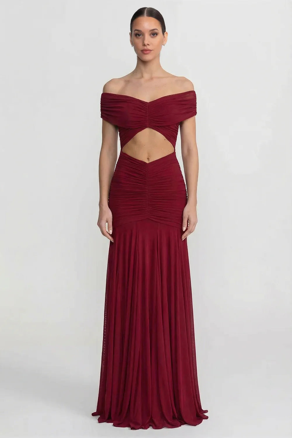 Burgundy Off-the-Shoulder Cutout Ruched Mermaid Evening Dresses