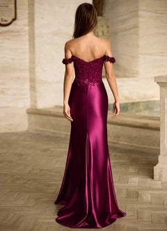 Burgundy Off The Shoulder 3D Floral Lace Mermaid Evening Dresses