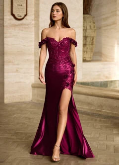 Burgundy Off The Shoulder 3D Floral Lace Mermaid Evening Dresses
