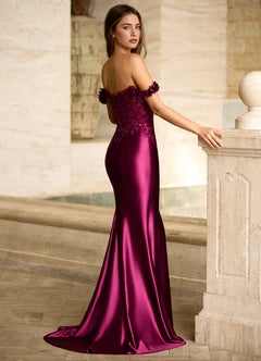 Burgundy Off The Shoulder 3D Floral Lace Mermaid Evening Dresses