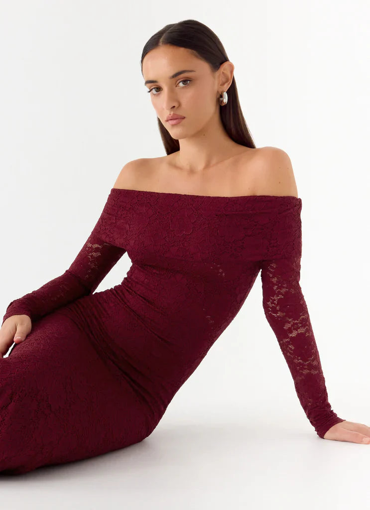 Burgundy Off The Shoulder Long Sleeve Lace Maxi Prom Dress For Elegant Formal Evening Events