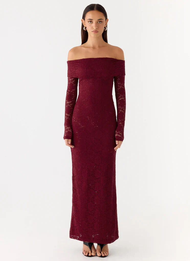 Burgundy Off The Shoulder Long Sleeve Lace Maxi Prom Dress For Elegant Formal Evening Events