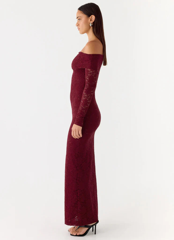 Burgundy Off The Shoulder Long Sleeve Lace Maxi Prom Dress For Elegant Formal Evening Events