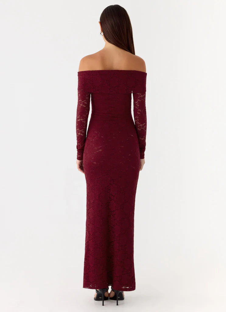 Burgundy Off The Shoulder Long Sleeve Lace Maxi Prom Dress For Elegant Formal Evening Events