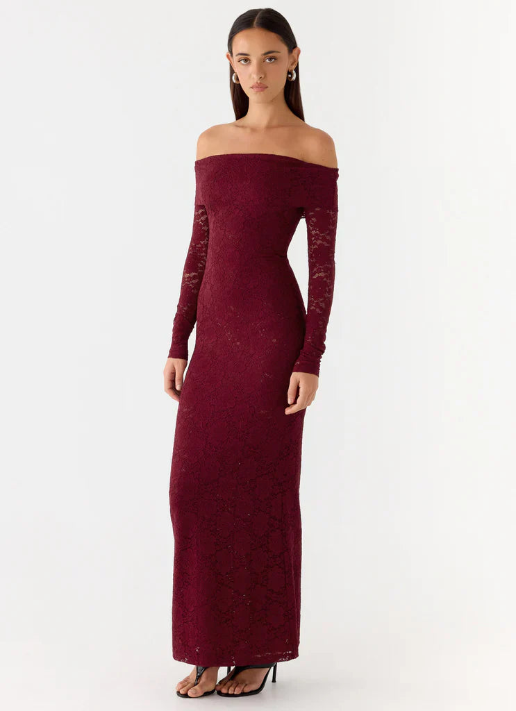 Burgundy Off The Shoulder Long Sleeve Lace Maxi Prom Dress For Elegant Formal Evening Events