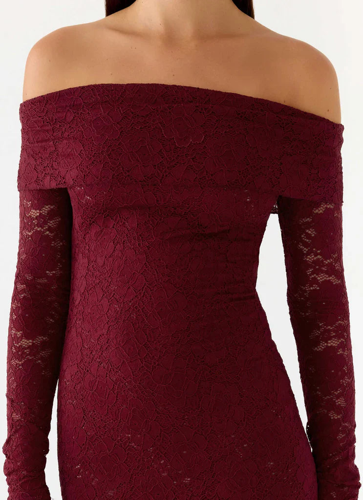 Burgundy Off The Shoulder Long Sleeve Lace Maxi Prom Dress For Elegant Formal Evening Events