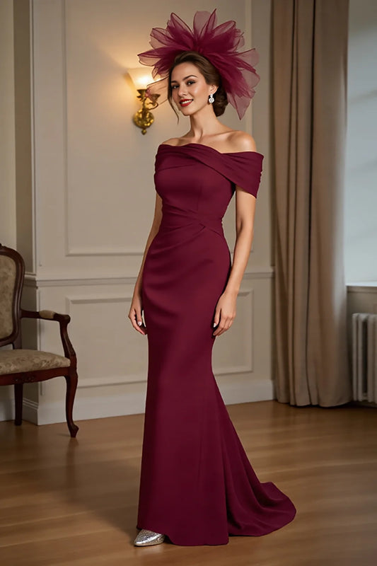 Burgundy Off The Shoulder Mermaid Mother Of The Bride Dress