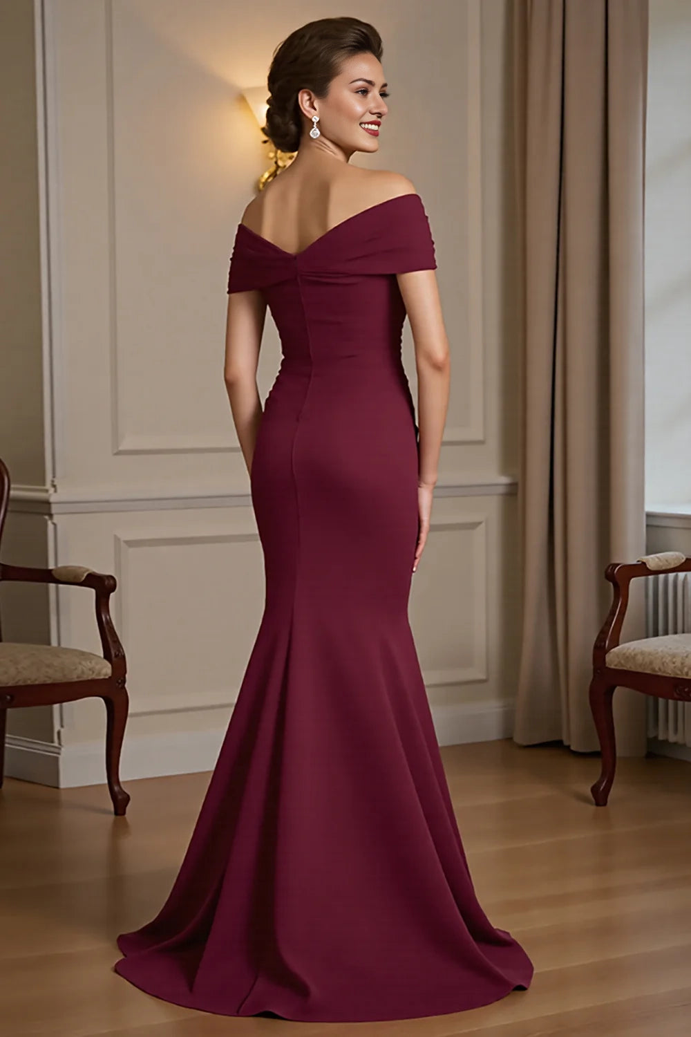 Burgundy Off The Shoulder Mermaid Mother Of The Bride Dress