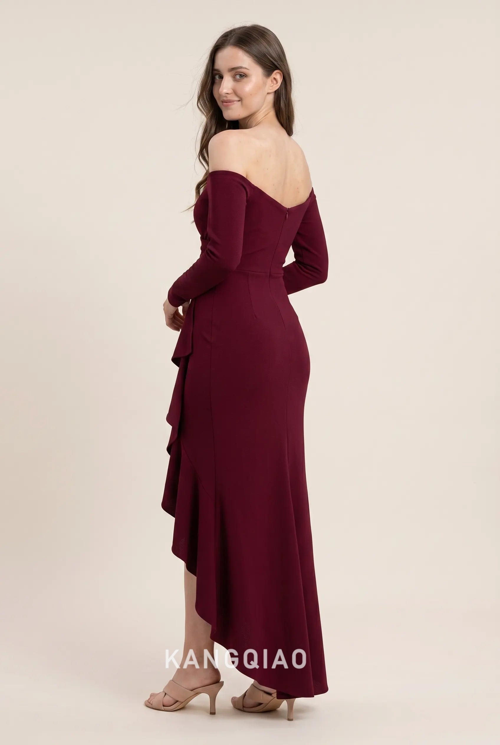 Burgundy Off the Shoulder Long Sleeve Asymmetrical Ruffle High Low Crepe Floor Length Formal Evening Prom Dress