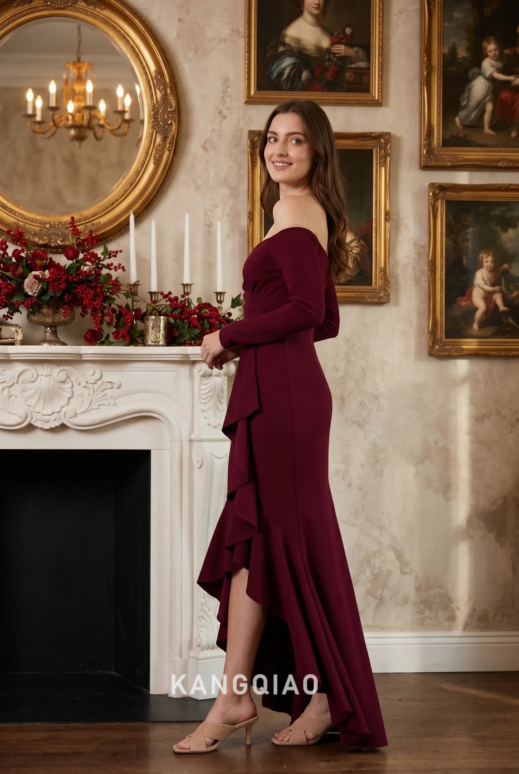 Burgundy Off the Shoulder Long Sleeve Asymmetrical Ruffle High Low Crepe Floor Length Formal Evening Prom Dress