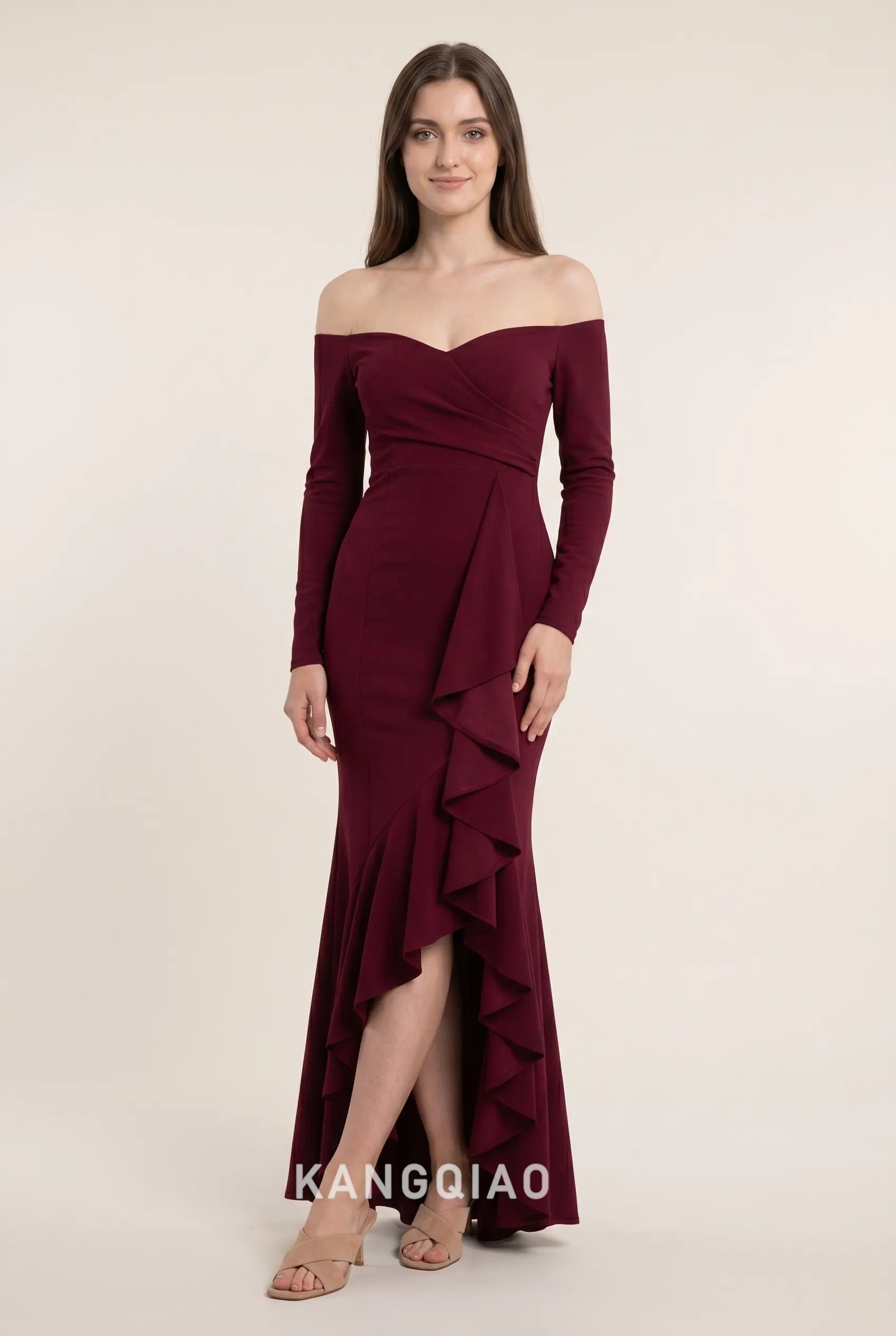 Burgundy Off the Shoulder Long Sleeve Asymmetrical Ruffle High Low Crepe Floor Length Formal Evening Prom Dress
