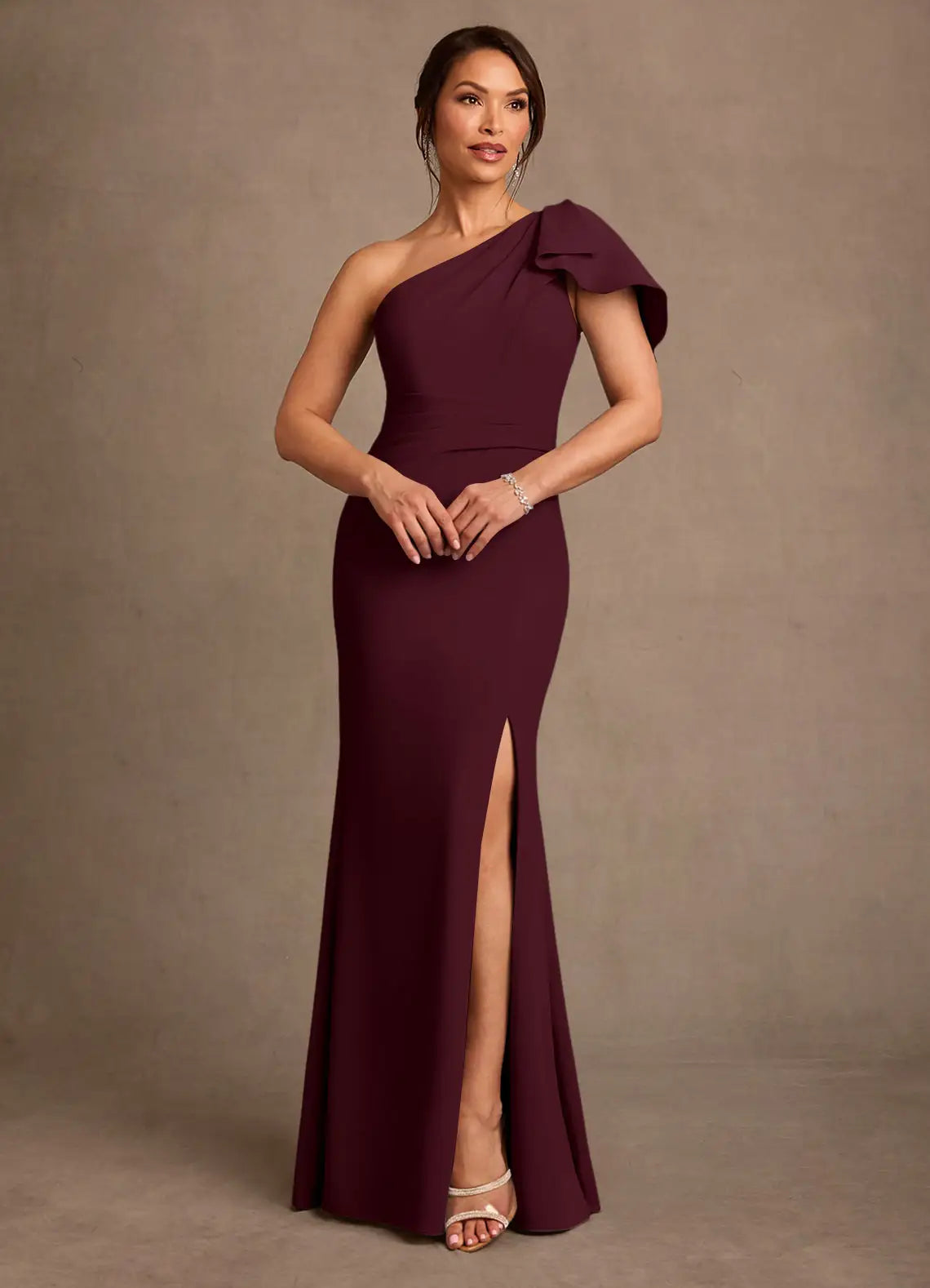 Burgundy One-Shoulder Mermaid Maxi Evening Dresses