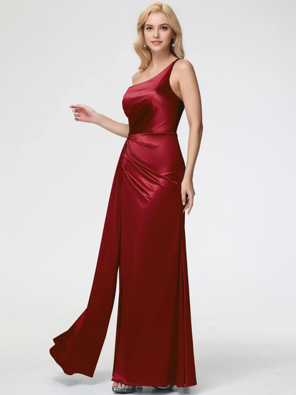 Burgundy One - Shoulder Prom Dress with Draped Detail and High Side Slit Trumpet Mermaid  Sleeveless Pleats Satin With Split
