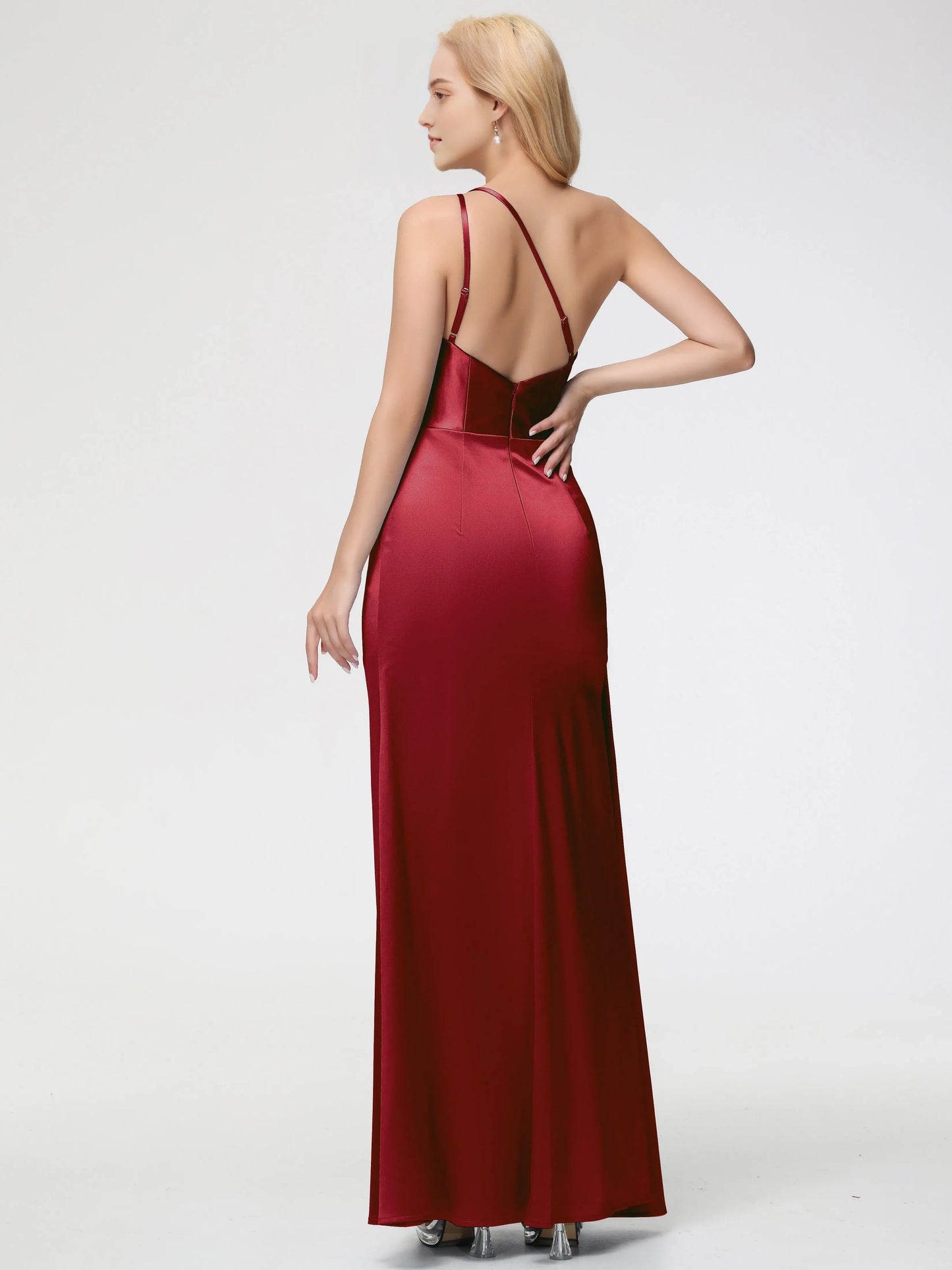 Burgundy One - Shoulder Prom Dress with Draped Detail and High Side Slit Trumpet Mermaid  Sleeveless Pleats Satin With Split
