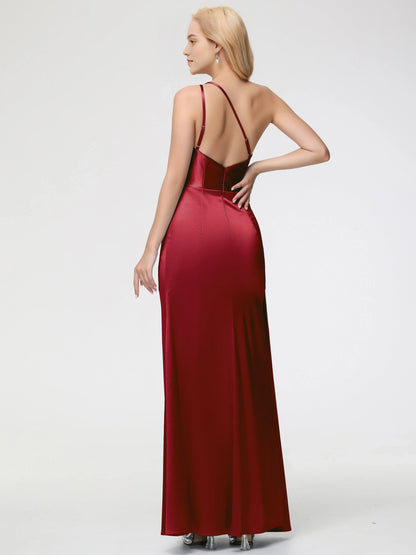 Burgundy One - Shoulder Prom Dress with Draped Detail and High Side Slit Trumpet Mermaid  Sleeveless Pleats Satin With Split