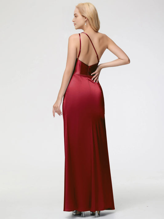 Burgundy One - Shoulder Prom Dress with Draped Detail and High Side Slit Trumpet Mermaid  Sleeveless Pleats Satin With Split