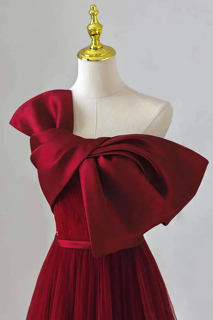 Burgundy One-Shoulder Tulle Prom Dress with Oversized Satin Bow and Train