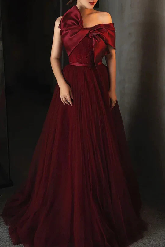 Burgundy One-Shoulder Tulle Prom Dress with Oversized Satin Bow and Train