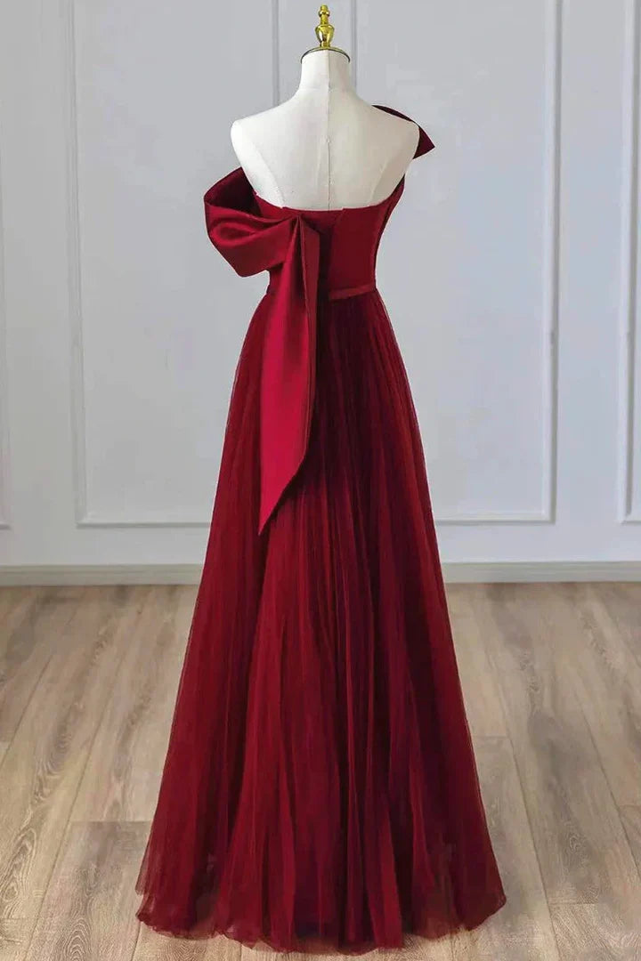 Burgundy One-Shoulder Tulle Prom Dress with Oversized Satin Bow and Train