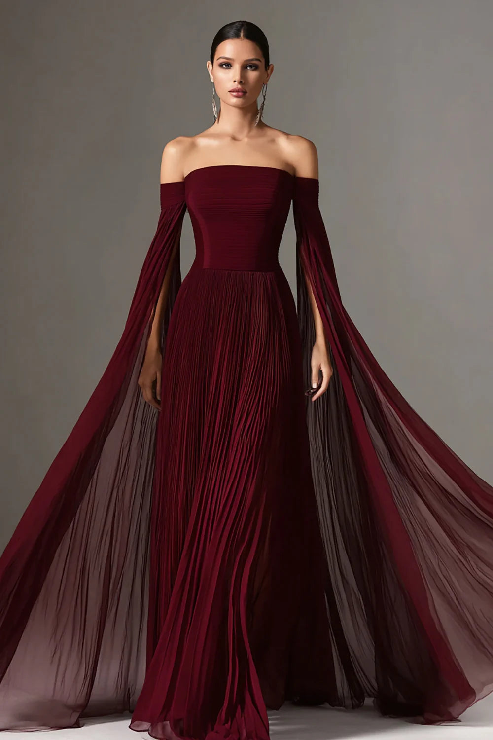 Burgundy Pleated Chiffon Off-the-Shoulder Cape Sleeve Maxi Evening Dresses