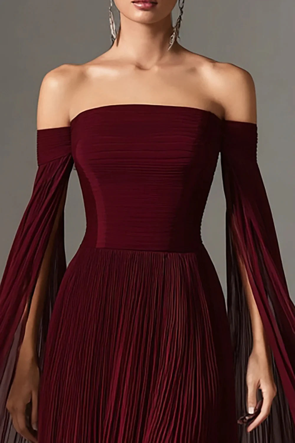 Burgundy Pleated Chiffon Off-the-Shoulder Cape Sleeve Maxi Evening Dresses